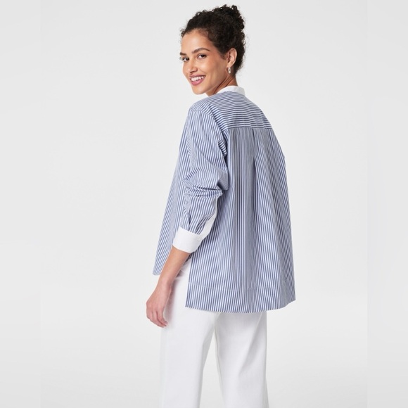 SPANX Poplin Tuxedo Shirt XL Blue White Stripe Long Sleeve High-Low Hem nautical - Picture 5 of 12